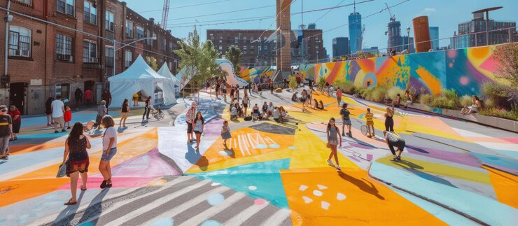 PSD colorful urban park with people walking and sitting on a colorful painted pathway
