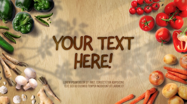 Colorful Vegetables and Shadows on Wooden Table Mockup