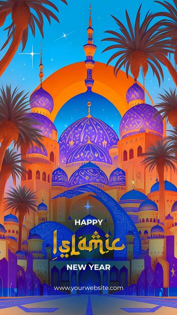 PSD colorful vibrant mosque illustration to celebrate the islamic new year