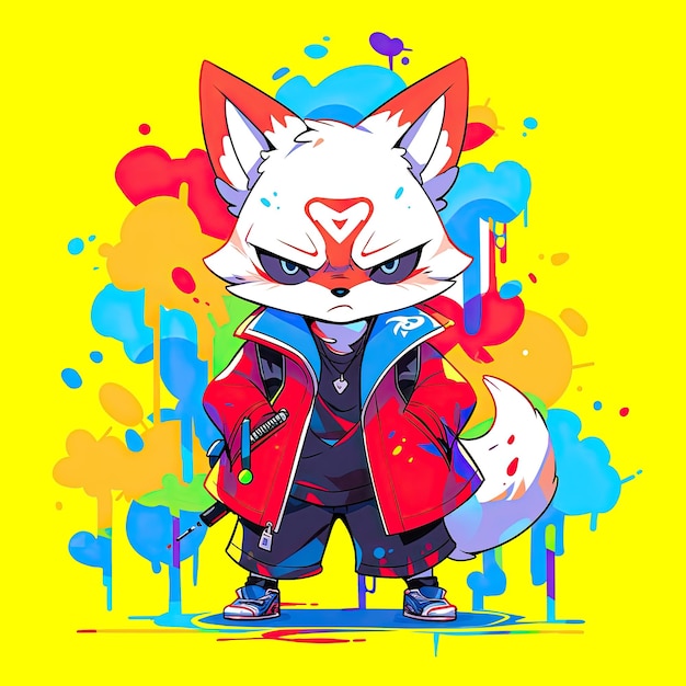 PSD colorful warrior character fox illustration design on transparent background