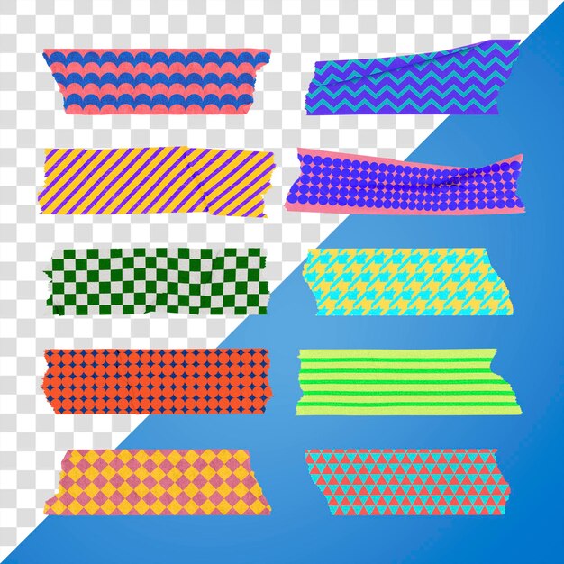 Colorful washi tape png sticker geometric patterns abstract design set on transparent background