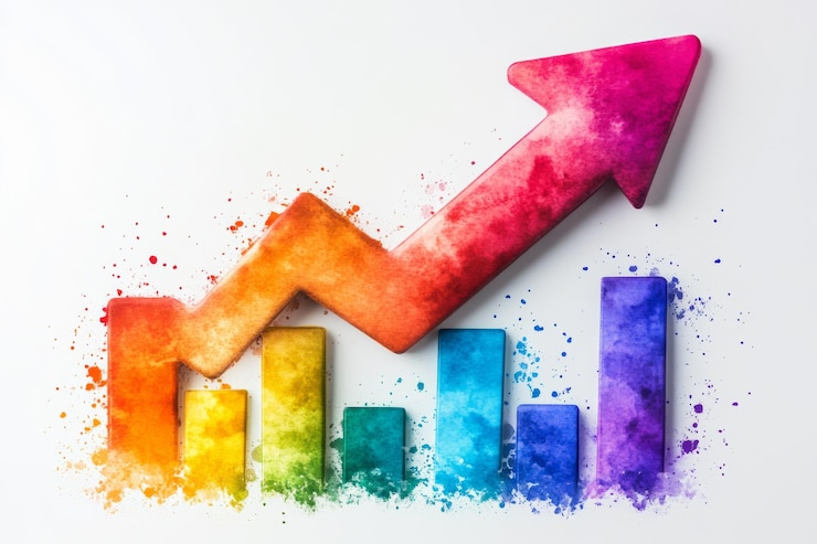 PSD colorful watercolor bar graph with upward arrow on white background representing growth and success