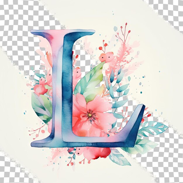 花と葉を持つ文字 l のカラフルな水彩画。