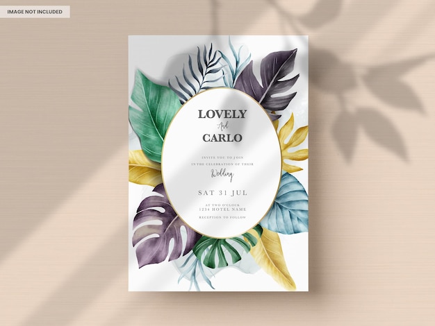 PSD colorful watercolor tropical leaves invitation card template