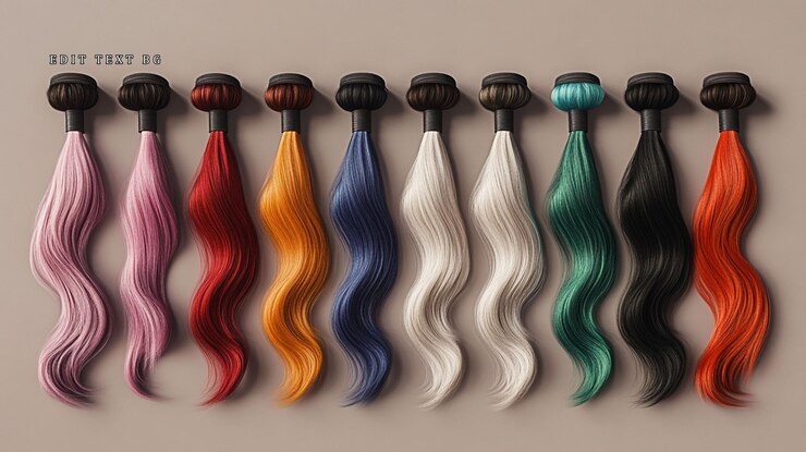 PSD colorful wavy hair extensions arranged in a row on a neutral background