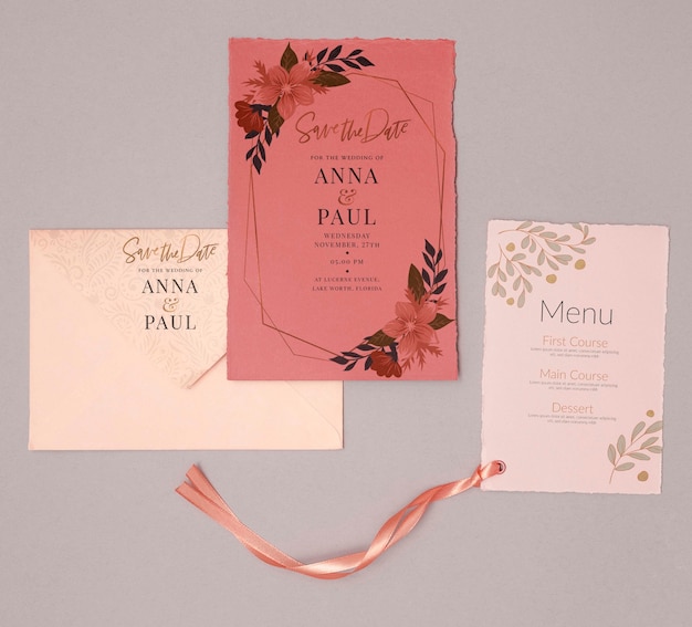 PSD colorful wedding invitation with menu