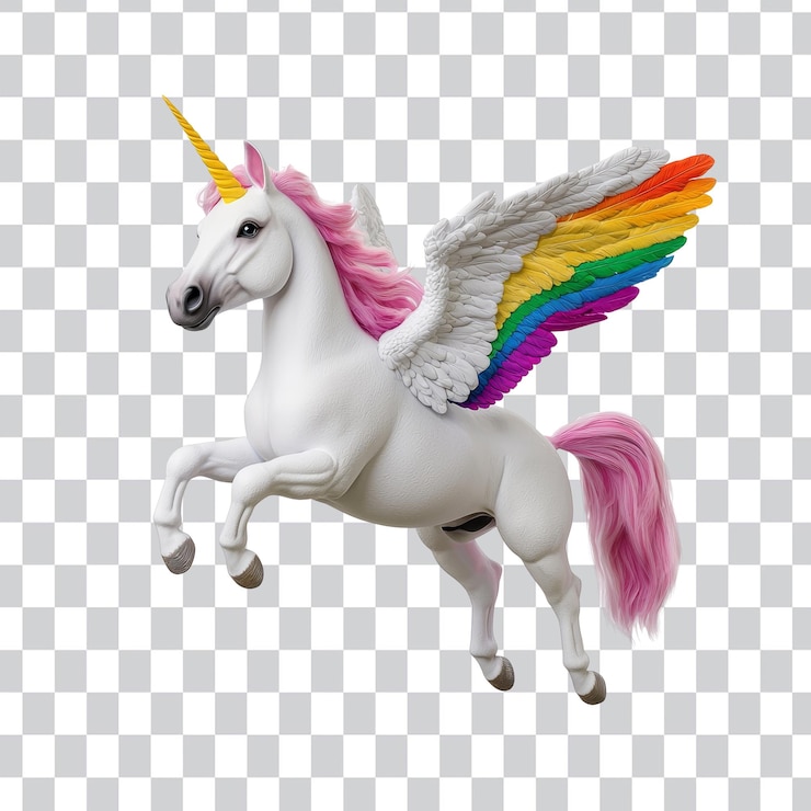 PSD colorful winged unicorn with rainbow mane and horn flying