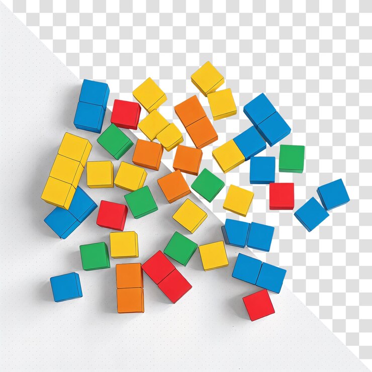 PSD colorful wooden toy blocks scattered on a white surface