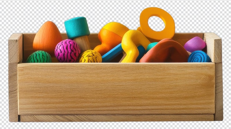 PSD colorful wooden toy blocks and shapes arranged in a neatly organized wooden storage box for early childhood playtime