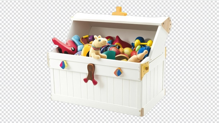 PSD a colorful wooden toy chest filled with various toys in a playful setting during daylight hours