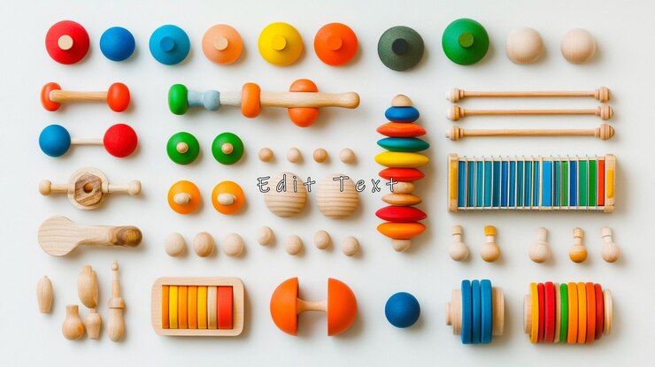 PSD colorful wooden toys arranged on white background