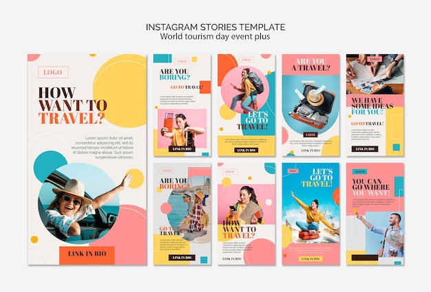 PSD storie colorate di instagram della giornata mondiale del turismo