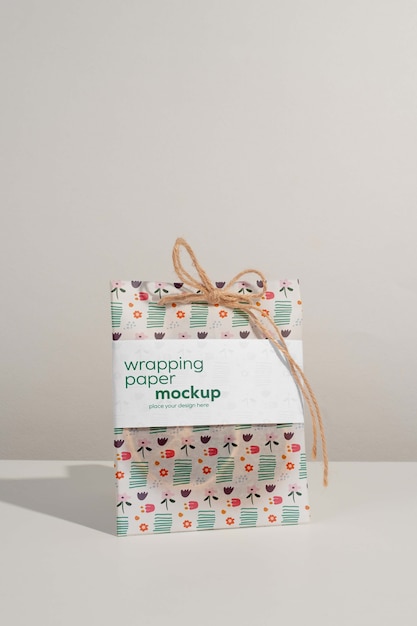 PSD colorful wrapping paper for present with sticker mock-up