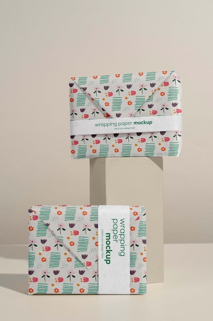 PSD colorful wrapping paper for present with sticker mock-up