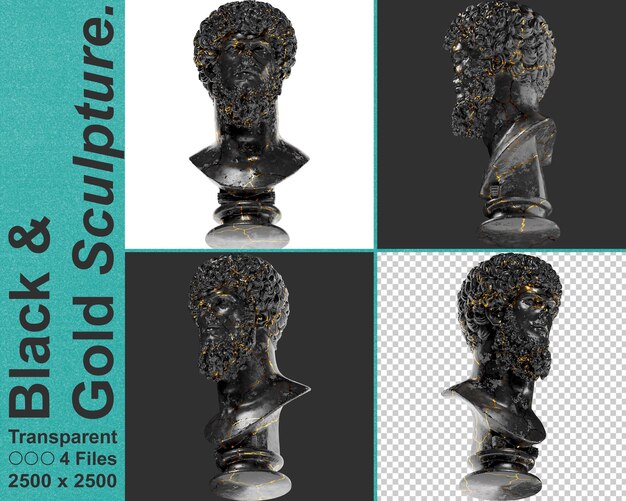 PSD colossal portrait of lucius verus black glossy marble and gold statue for graphic design promotions