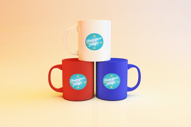 Цветные редактируемые 3 красивых кофейных кружки Mockup