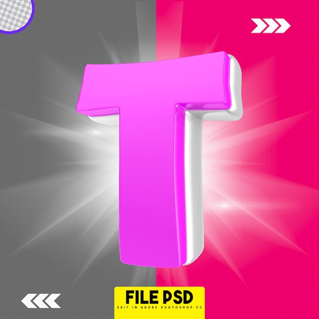 Colourful alphabet pink t 3d rendering