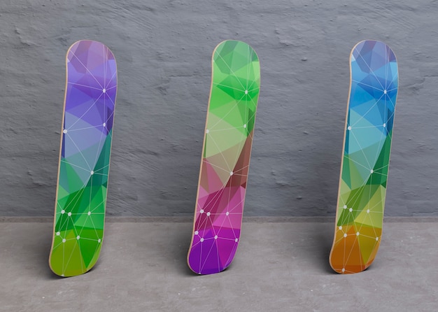 Colourful mock-up skateboards standing