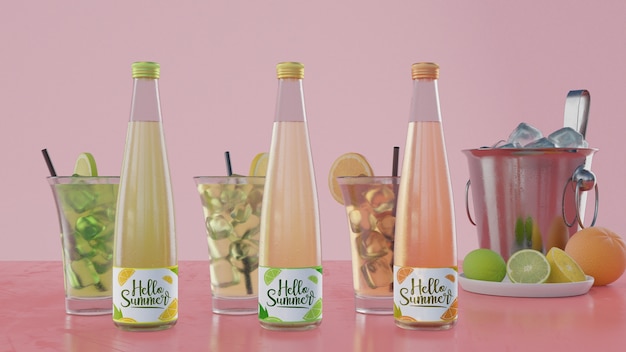 PSD colourful soda bottles with pink background