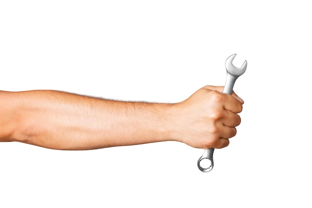 Combination wrench in hand of man on empty background