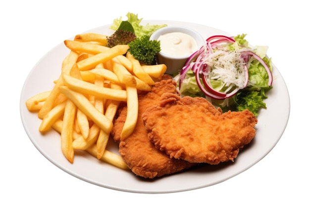 Combo plate of chicken schnitzel with fries and salad with transparent background ai generative