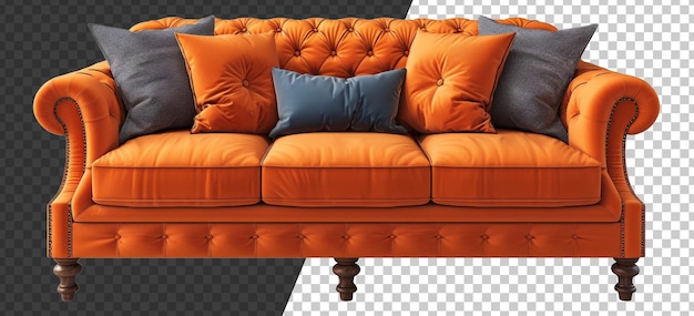 Comfortabele lederen bank met kleurrijke kussens op een doorzichtige achtergrond.