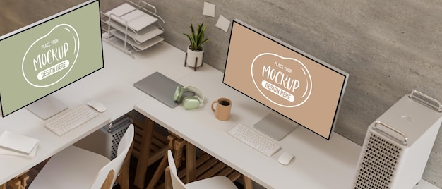 Comfortable workplace with two computer mockup