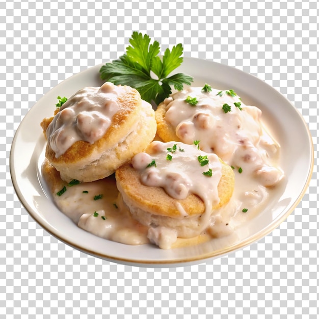 PSD comforting biscuits and gravy delight on white plate isolated on transparent background