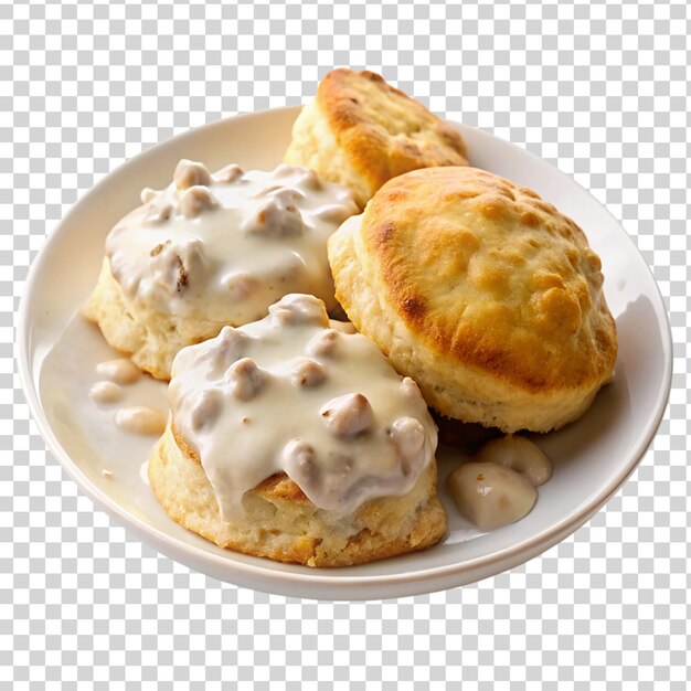 PSD comforting biscuits and gravy delight on white plate isolated on transparent background