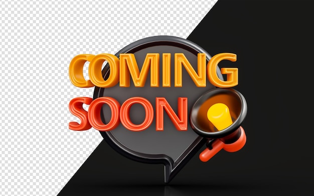 Coming soon with megaphone on dark background 3d render concept for marketing advertising