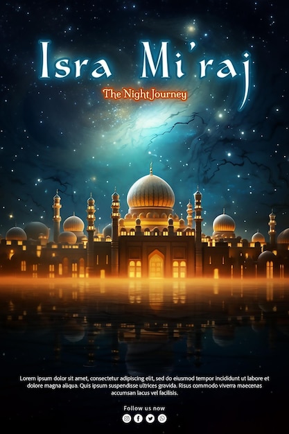 PSD in commemorazione di isra miraj le stelle e la luna decorano il cielo notturno insieme alla kaaba e agli aqs