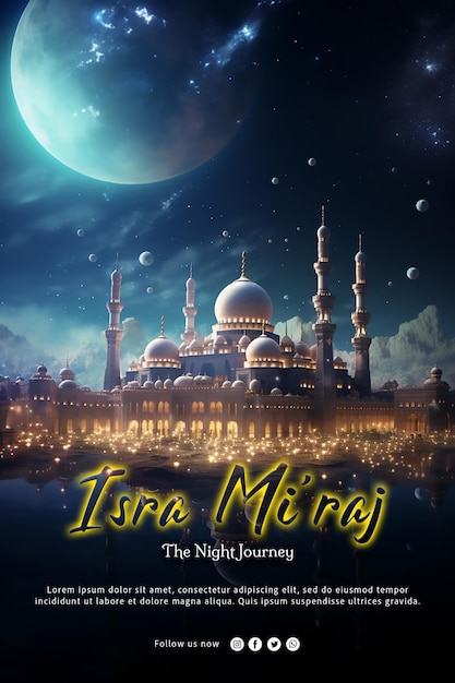 PSD commemorating isra miraj the stars and moon decorate the night sky along with the kaaba and the aqs