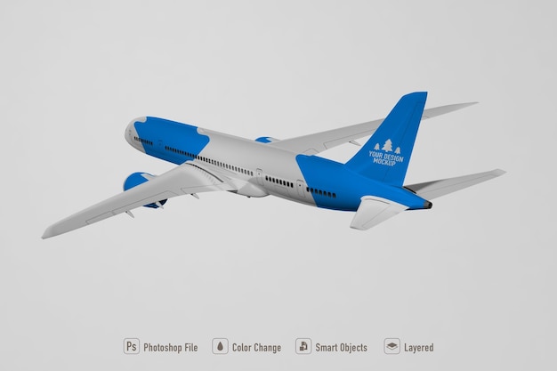 PSD commercial airplane mockup on white background