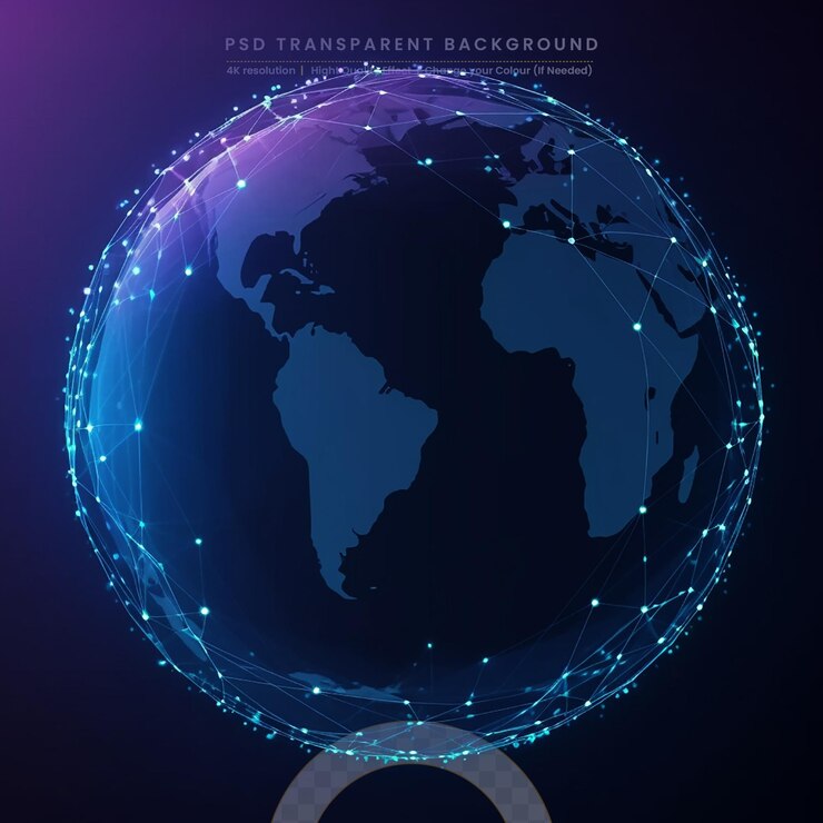PSD communications network map of the world blue map dark blue background