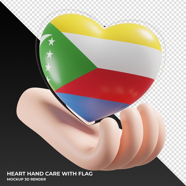 Comoros flag with heart hand care realistic 3d textured