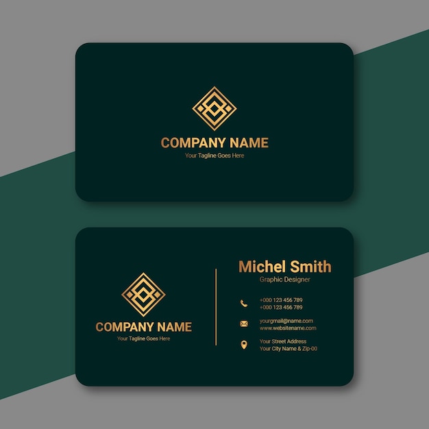 Company business card in green and gold color