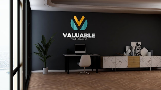 Mockup del logo aziendale nell'interior design minimalista della stanza del manager dell'ufficio