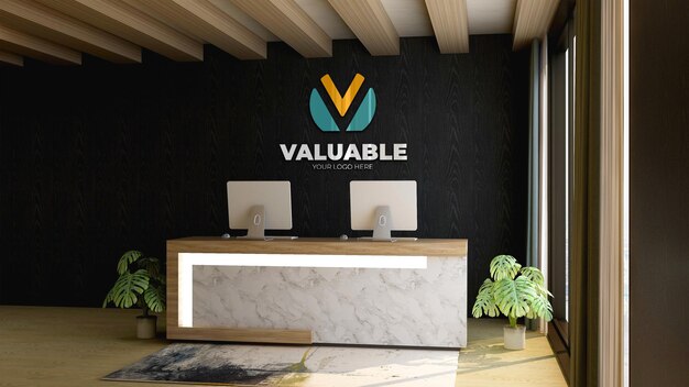 Company logo mockup in the modern wooden office reception room