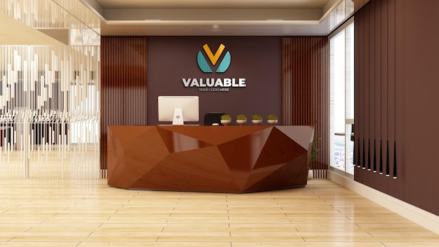 Company logo mockup in the modern wooden office reception room