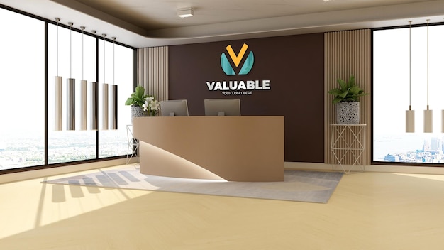 company logo mockup in the modern wooden office reception room