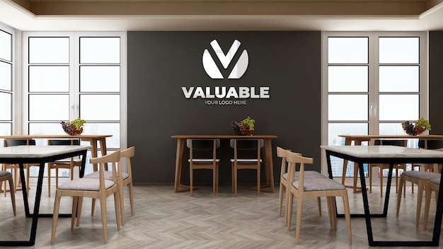 Mockup del logo aziendale nella dispensa dell'ufficio con tavolo e sedia per pranzo