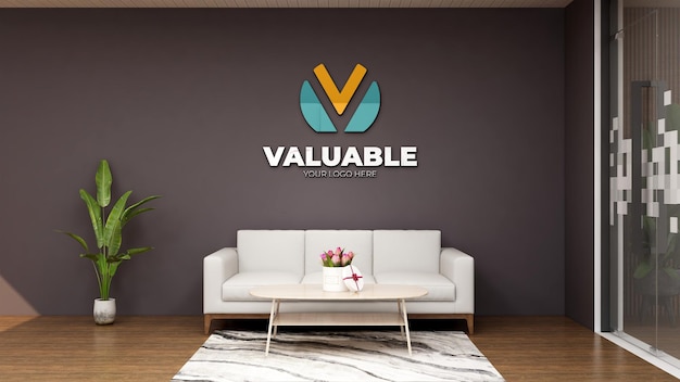 Company logo mockup in the wooden office lobby waiting room