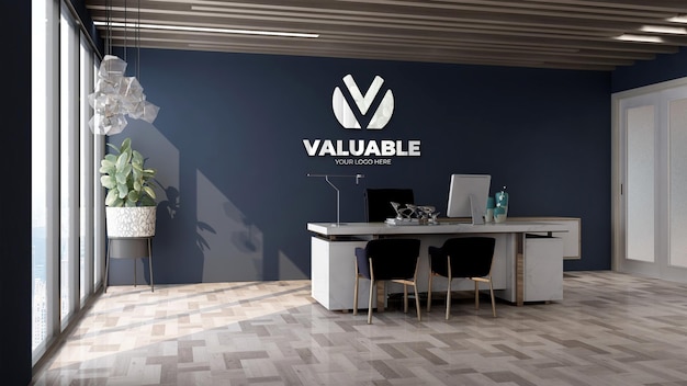 Mockup del logo aziendale nella stanza del manager dell'ufficio in legno