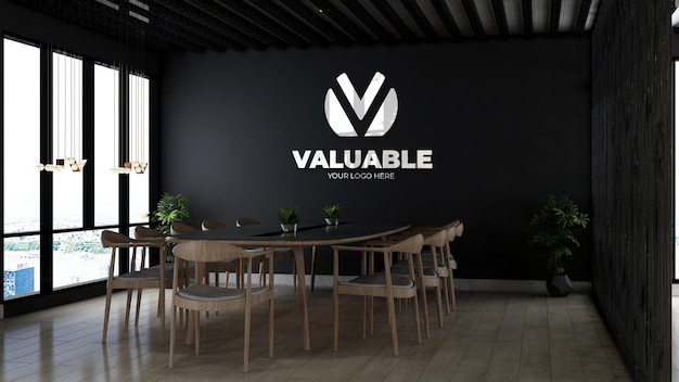 Company logo mockup in the wooden office meeting room