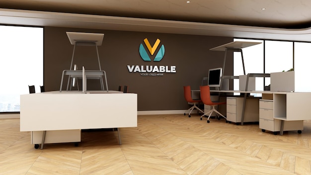 Company logo mockup in the wooden office workspace room