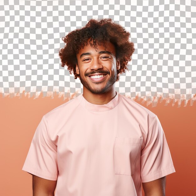 A compassionate adult man with curly hair from the african american ethnicity dressed in massage therapist attire poses in a tilted head with a grin style against a pastel salmon background