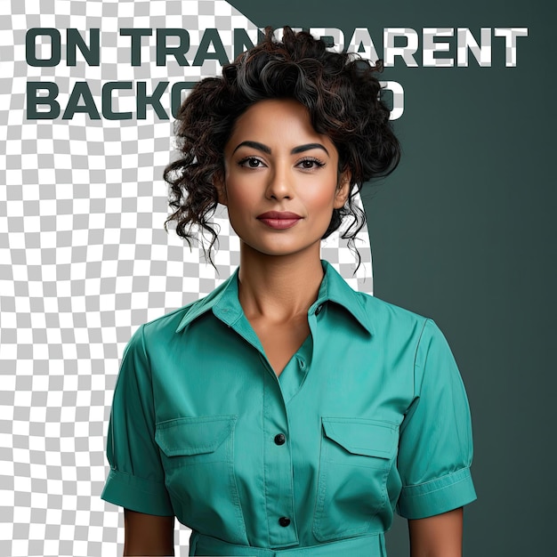 PSD a compassionate adult woman with kinky hair from the south asian ethnicity dressed in builder attire poses in a dramatic shadow play style against a pastel teal background