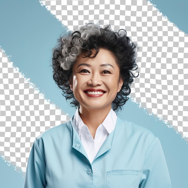 PSD a compassionate middle aged woman with kinky hair from the east asian ethnicity dressed in medical scientist attire poses in a tilted head with a grin style against a pastel blue background