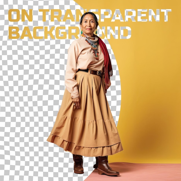 PSD a compassionate middle aged woman with short hair from the native american ethnicity dressed in sewing clothes attire poses in a standing with one foot forward style against a pastel yellow