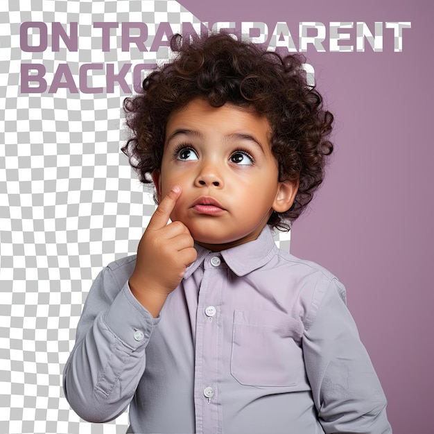 A compassionate preschooler boy with curly hair from the hispanic ethnicity dressed in taking photographs attire poses in a pensive look with finger on lips style against a pastel lilac bac